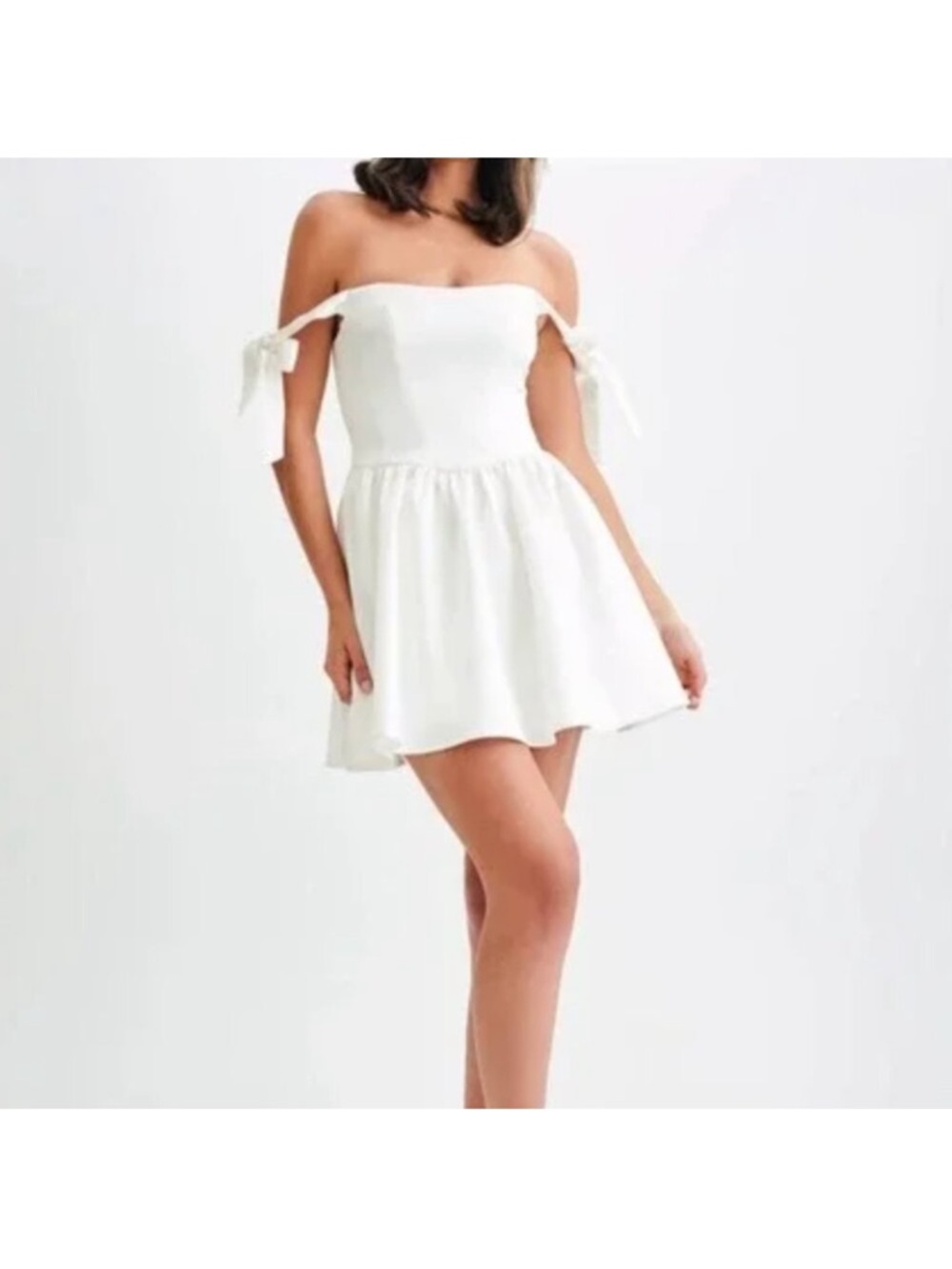 Meshki Rita satin White Off-Shoulder Mini Dress with bow Sleeves